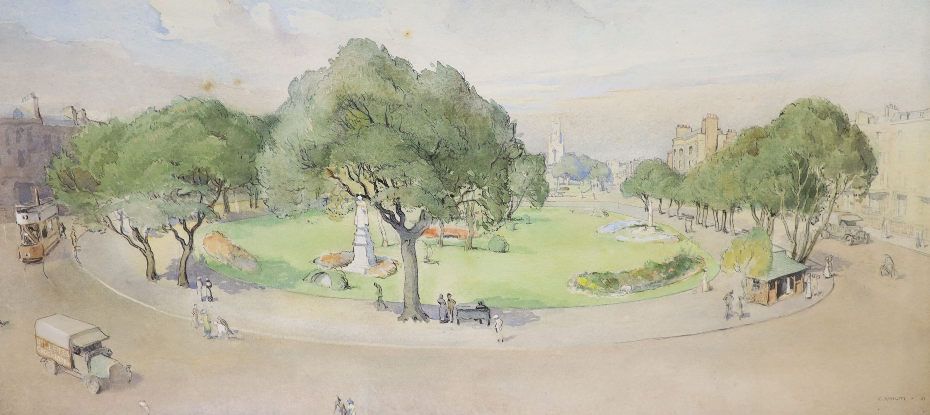 Charles Knight R.W.S., R.O.I., (1905-1995) - Views of the Steine, Brighton, watercolours, a pair, dated 1921, 28 x 56cm.